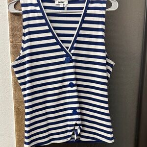 DKNY Women's Navy and White Striped Button Down Shirt